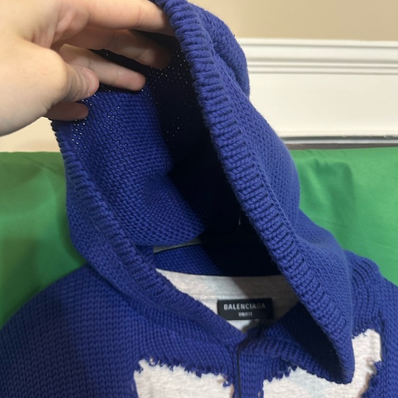 BALENCIAGA destroyed knit layered hybrid campaign hoodie blue NWT - Picture 9 of 16